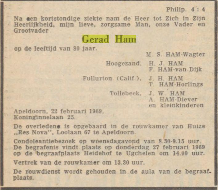 overlijdensadvertentie gerad ham on 22 Feb 1969.